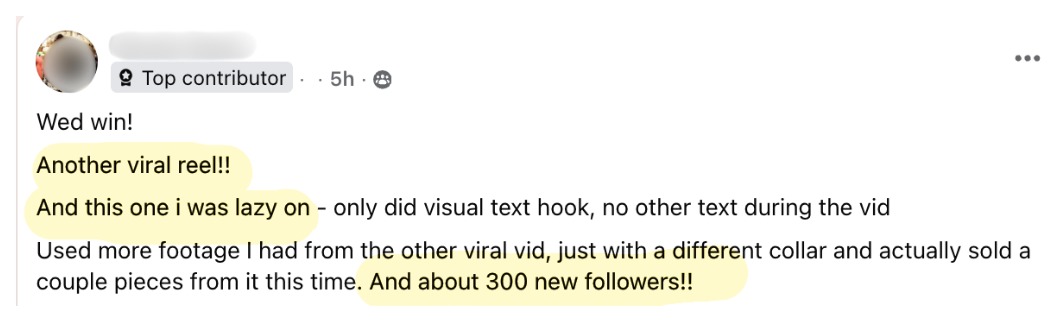Wednesday win: another viral reel, pieces sold and about 300 new followers