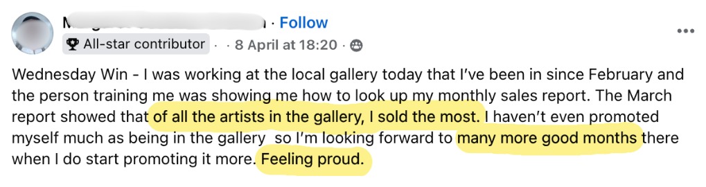 Wednesday win: of all the artists in the gallery, she sold the most in March