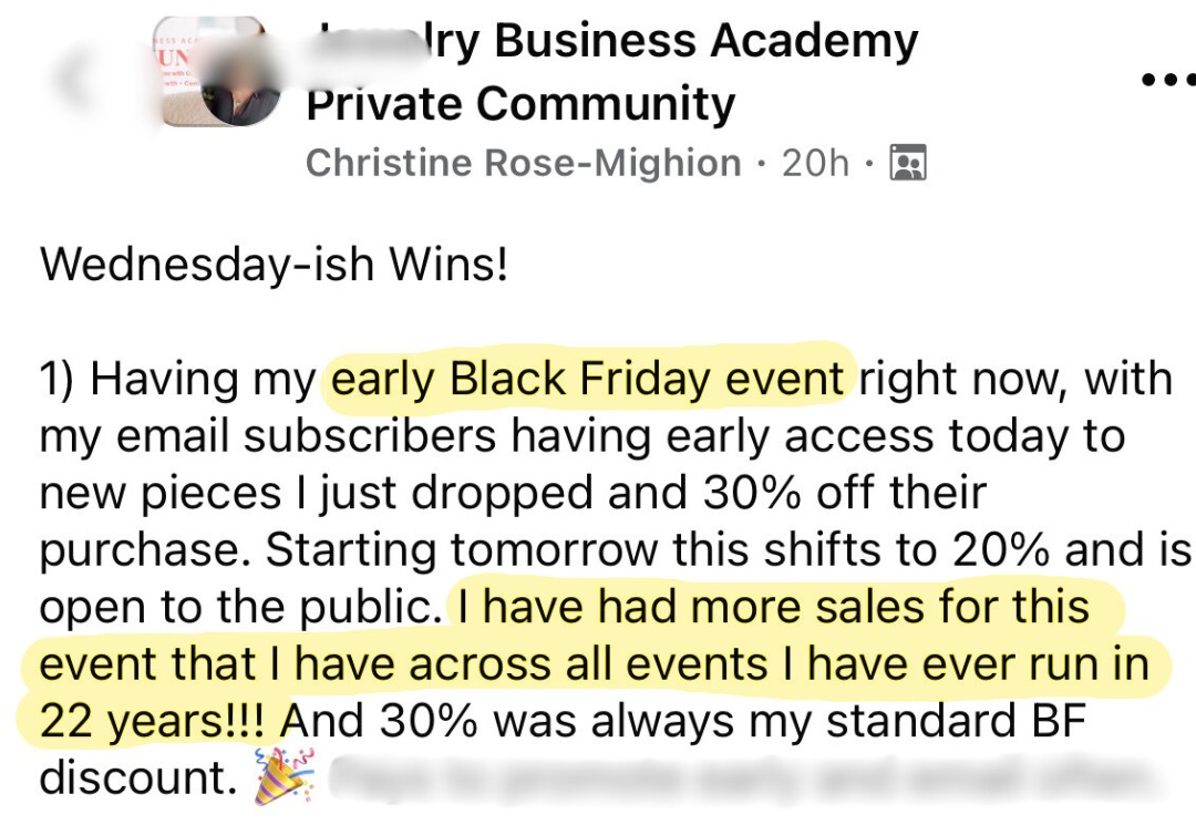 Wednesday win: more sales in her early Black Friday event than any event she's run in 22 years