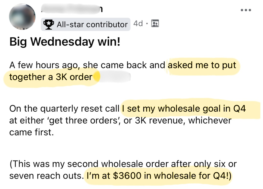 Big Wednesday win: a 3K wholesale order and $3,600 wholesale in Q4