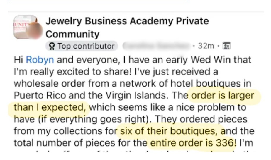 Client landed a single wholesale order for 336 units across six hotel boutiques