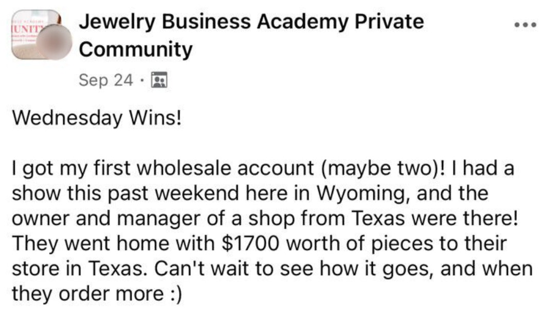 Wednesday win: first wholesale account, a Texas shop took home $1700 of pieces