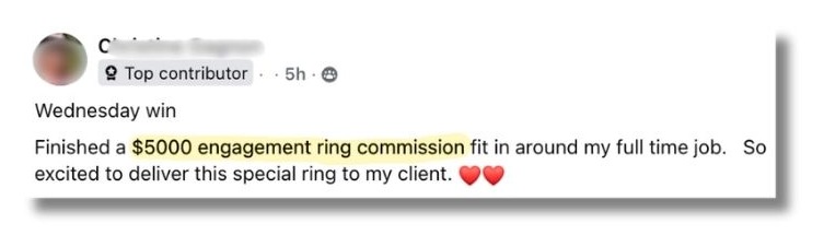 Community win: $5000 engagement ring commission around a full time job