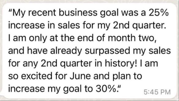 Client DM: sales goal surpassed, 25% increase target beaten