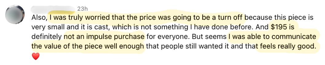 Wednesday win: worried the $195 price would be a turn off, but she communicated the value and it sold