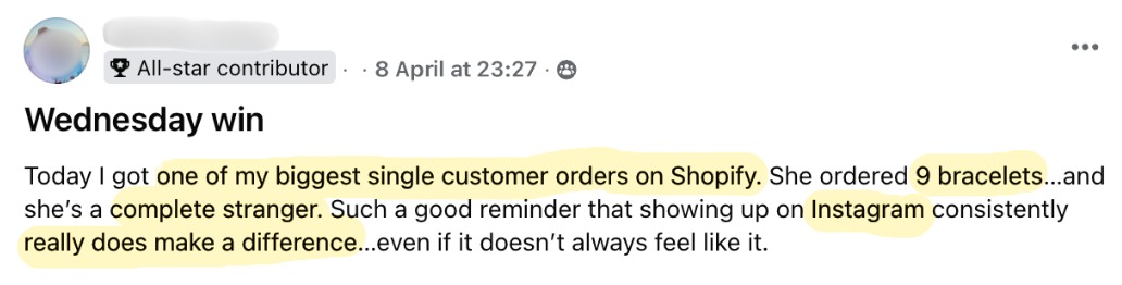 Wednesday win: one of her biggest single Shopify orders, nine bracelets from a stranger