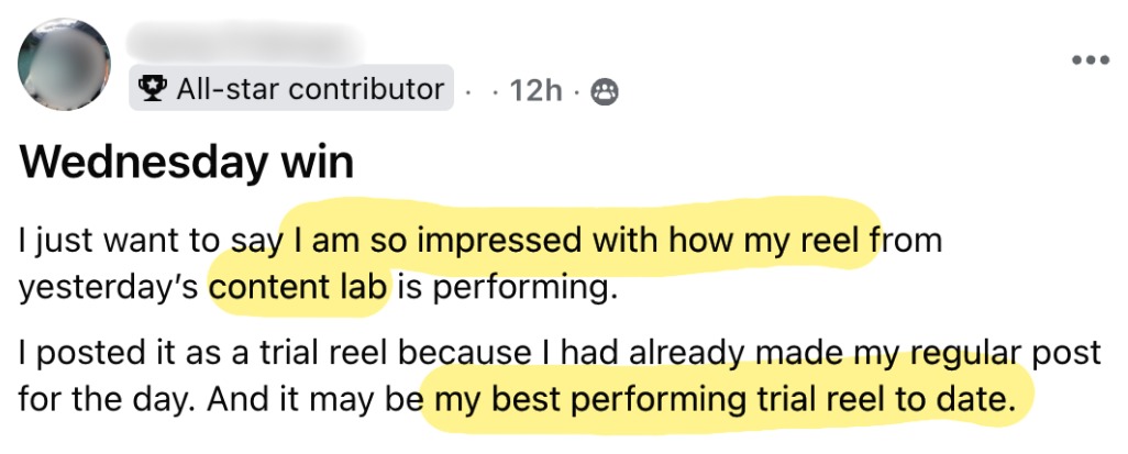 Wednesday win: her best performing trial reel to date from the content lab