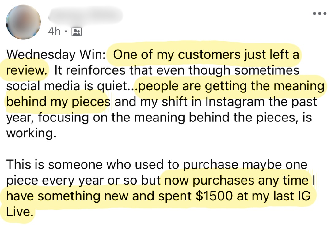 Wednesday win: a repeat customer spent $1,500 at her last Instagram Live