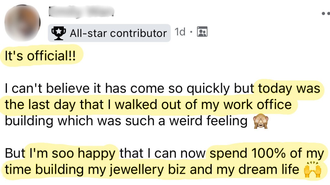 It's official: last day walking out of the work office, now full-time on her jewellery biz