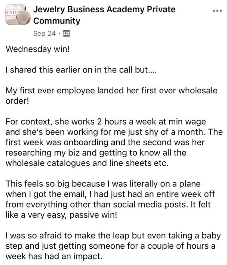 Wednesday win: her first ever employee landed her first ever wholesale order